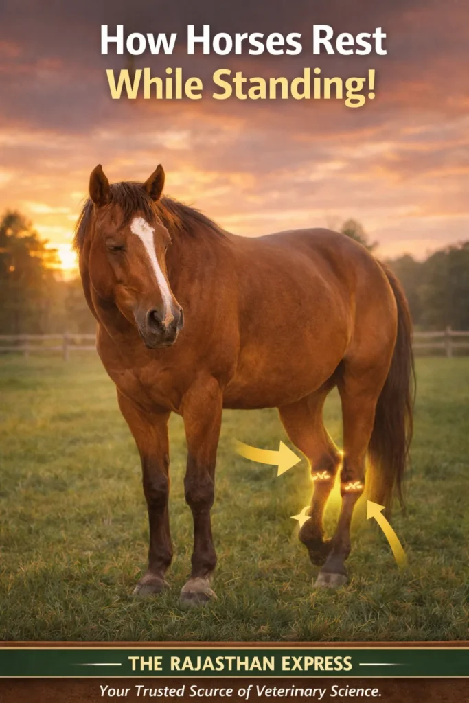 Educational graphic showing how horses rest while standing through the stay apparatus mechanism that locks limbs in position for fatigue-free standing.