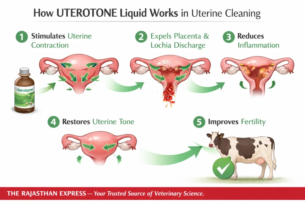 Five-step mechanism showing how UTEROTONE Liquid works for uterine cleaning: stimulates contraction, expels placenta, reduces inflammation, restores tone, and improves fertility in cattle.