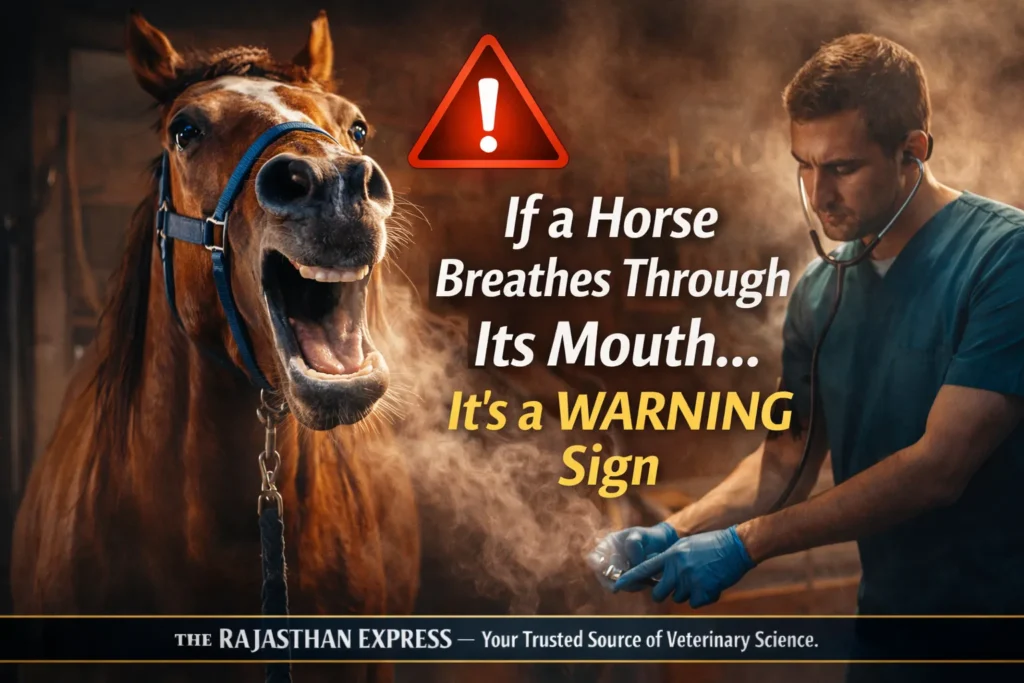 Warning sign alert showing if a horse breathes through its mouth, it indicates respiratory distress, obstruction, or disease requiring immediate veterinary attention.