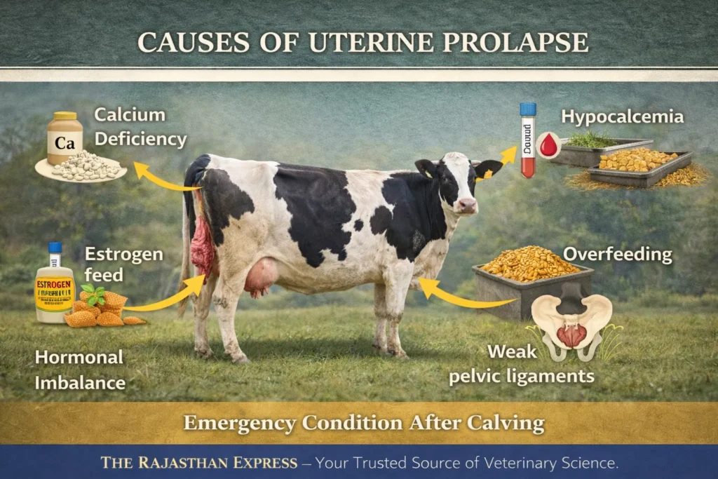 Major causes of uterine prolapse in cattle listed: calcium deficiency, estrogen feed, hypocalcemia, overfeeding, weak pelvic ligaments, and hormonal imbalance as emergency condition after calving.
