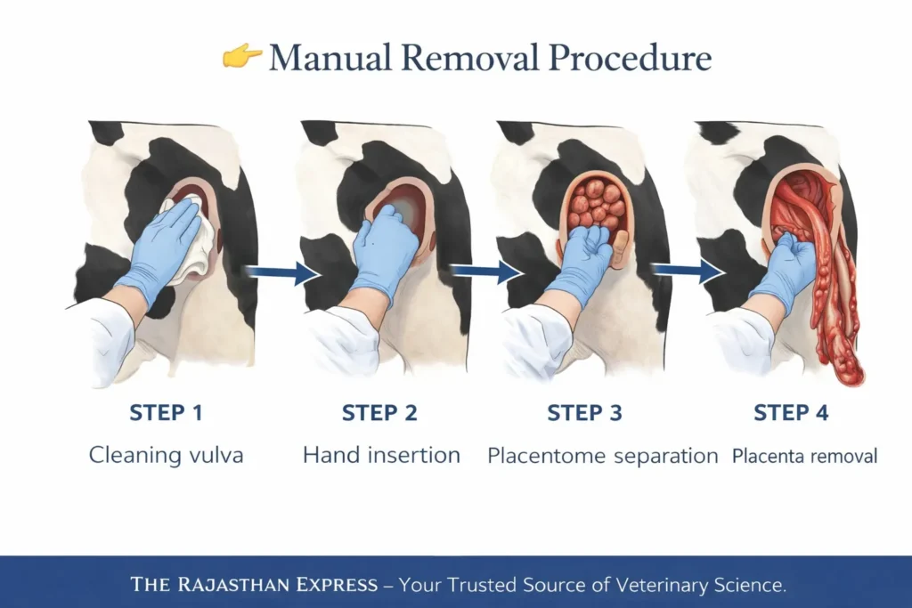 Four-step manual removal procedure for retained placenta showing: Step 1 cleaning vulva, Step 2 hand insertion into uterus, Step 3 gentle placentome separation, Step 4 complete placenta removal.