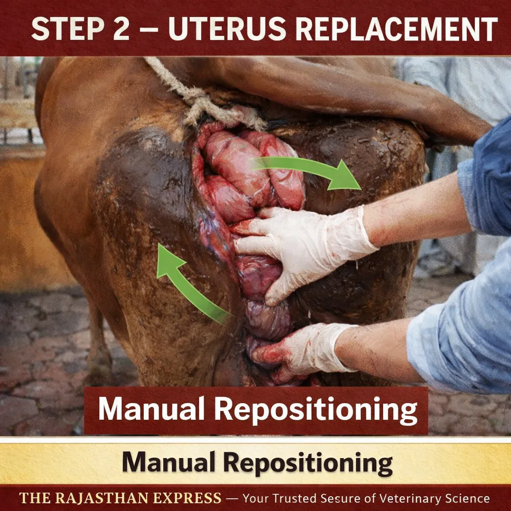 Manual repositioning of uterus in cow showing Step 2 of prolapse treatment procedure with veterinarian carefully replacing prolapsed uterus back into position.