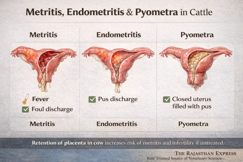 Comparison of three uterine infections in cattle: metritis showing fever and foul discharge, endometritis with pus discharge, and pyometra showing closed uterus filled with pus with infection pathway from retained placenta.