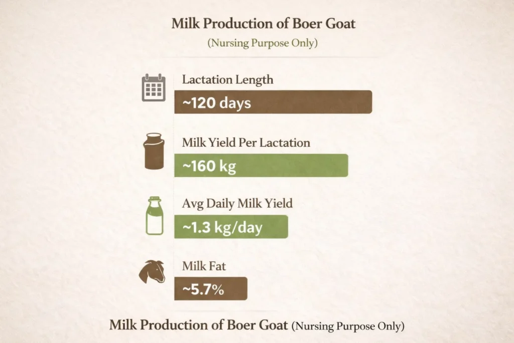 Boer goat milk production data for nursing purpose showing lactation length 120 days, total yield 160 kg, daily average 1.3 kg, and milk fat 5.7%.