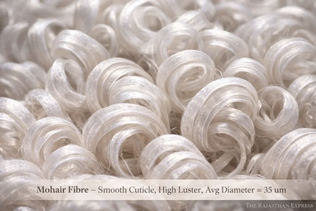 Mohair fibre characteristics showing smooth cuticle structure, high natural luster, and average diameter of approximately 35 micrometers from Angora goat.
