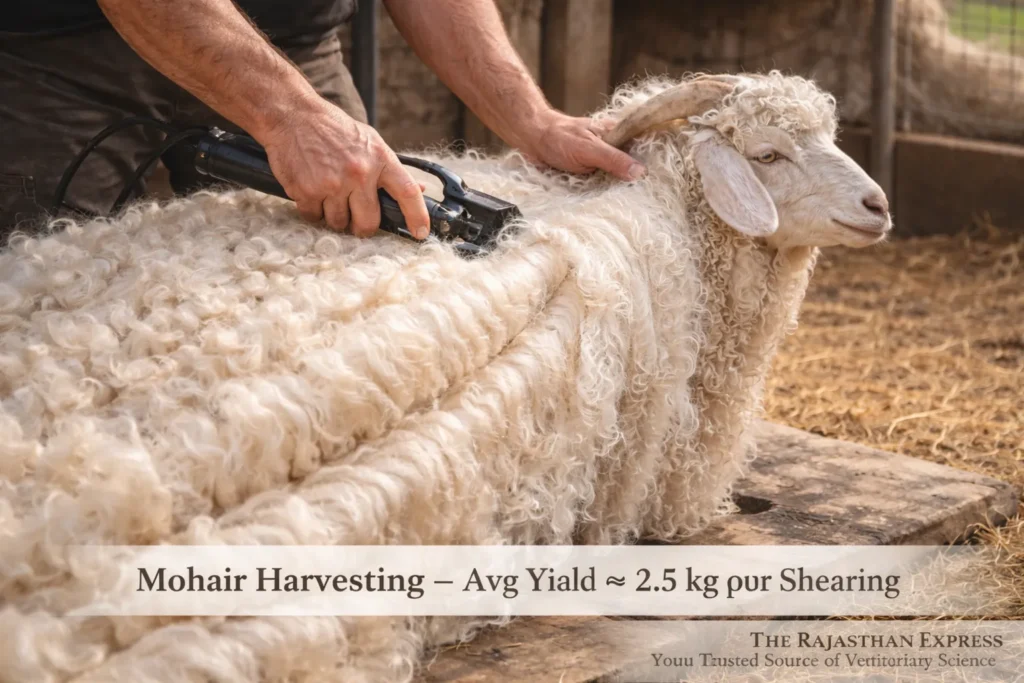 Mohair harvesting from Angora goat showing average yield of approximately 2.5 kg per shearing with clean bright fleece collection process.