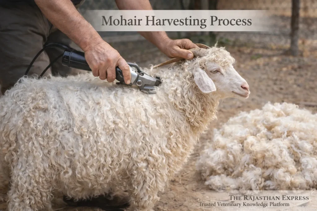 Mohair shearing process showing proper technique for harvesting premium fiber from Angora goats with care for animal welfare and fiber quality.