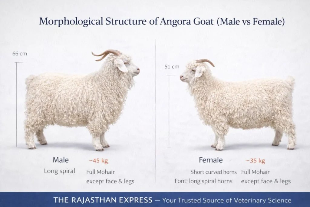 Morphological structure of Angora goat showing male (66 cm height, 45 kg, long spiral horns) vs female (51 cm height, 35 kg, short curved horns) with full mohair except face and legs.