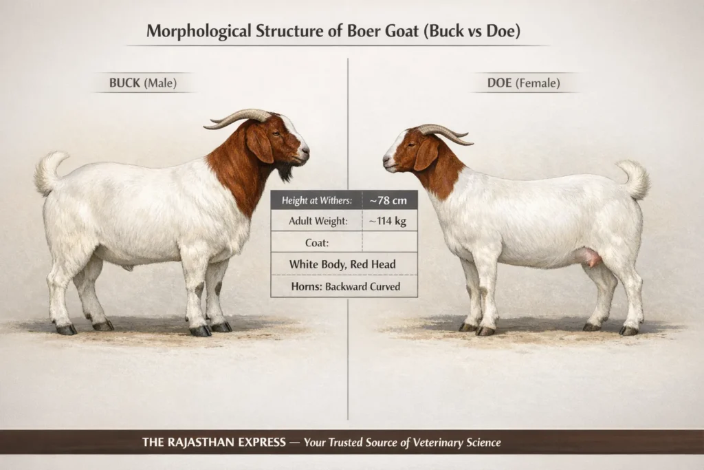 Comparison of morphological structure of Boer goat buck vs doe showing buck height 78 cm, weight 114 kg, doe smaller, both with white body, red head, and backward curved horns.