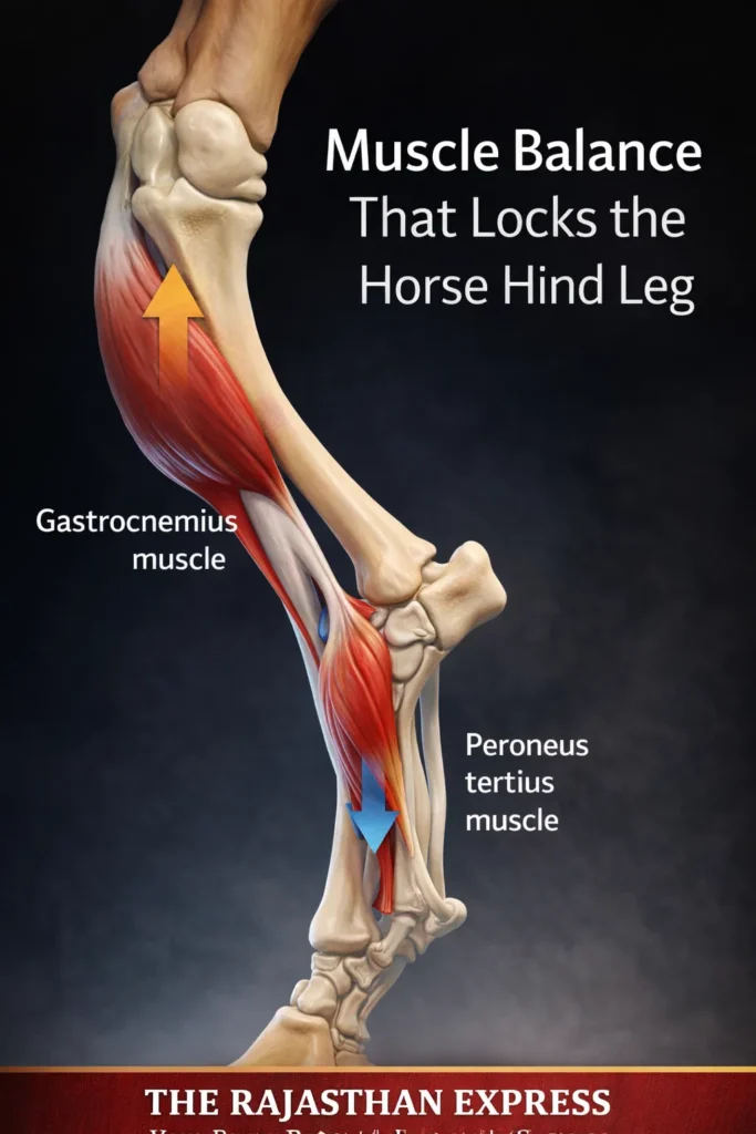 Anatomical diagram showing muscle balance that locks the horse hind leg with gastrocnemius and peroneus tertius muscles forming the stay apparatus mechanism.
