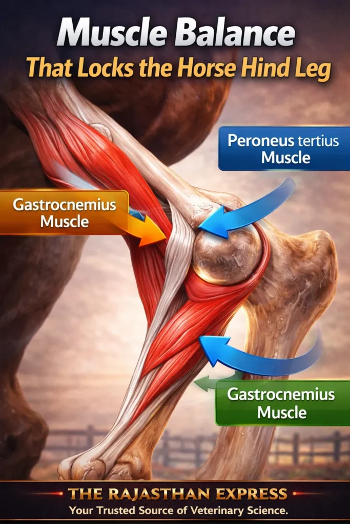 Muscle balance that locks the horse hind leg showing gastrocnemius muscle and peroneus tertius muscle working together in the equine stay apparatus for standing without fatigue.