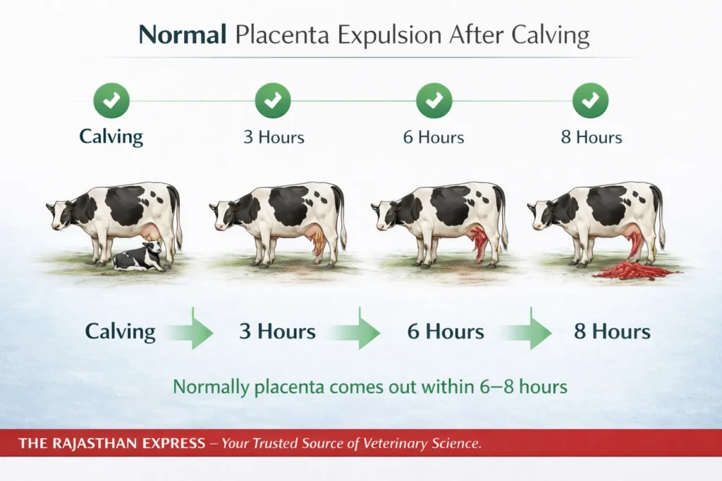 Timeline showing normal placenta expulsion after calving at 3 hours, 6 hours, and complete expulsion by 8 hours postpartum in cow.