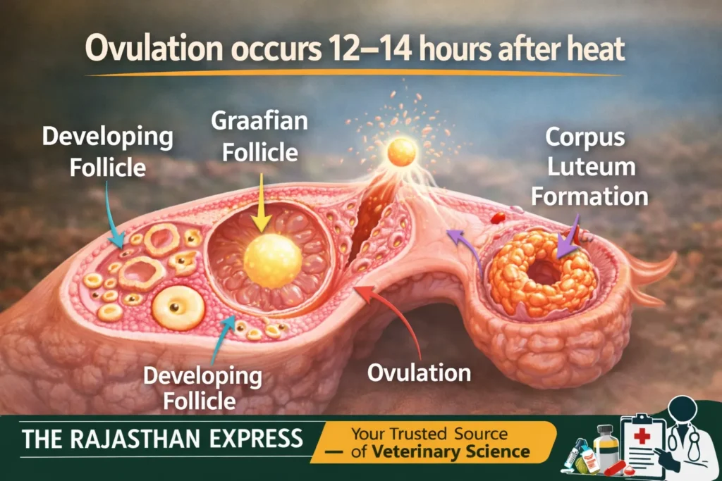 Ovulation diagram showing developing follicle progresses to Graafian follicle, ovulation occurs 12-14 hours after heat, followed by corpus luteum formation in the ovary.