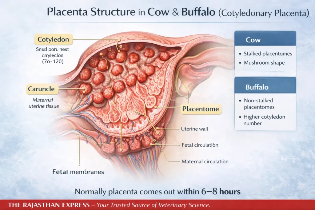 Diagram showing placenta structure in cow and buffalo with cotyledonary placenta: cow has stalked mushroom-shaped placentomes (70-120 cotyledons), buffalo has non-stalked placentomes with higher cotyledon number, placentome structure showing uterine wall, fetal circulation, maternal circulation, and fetal membranes.