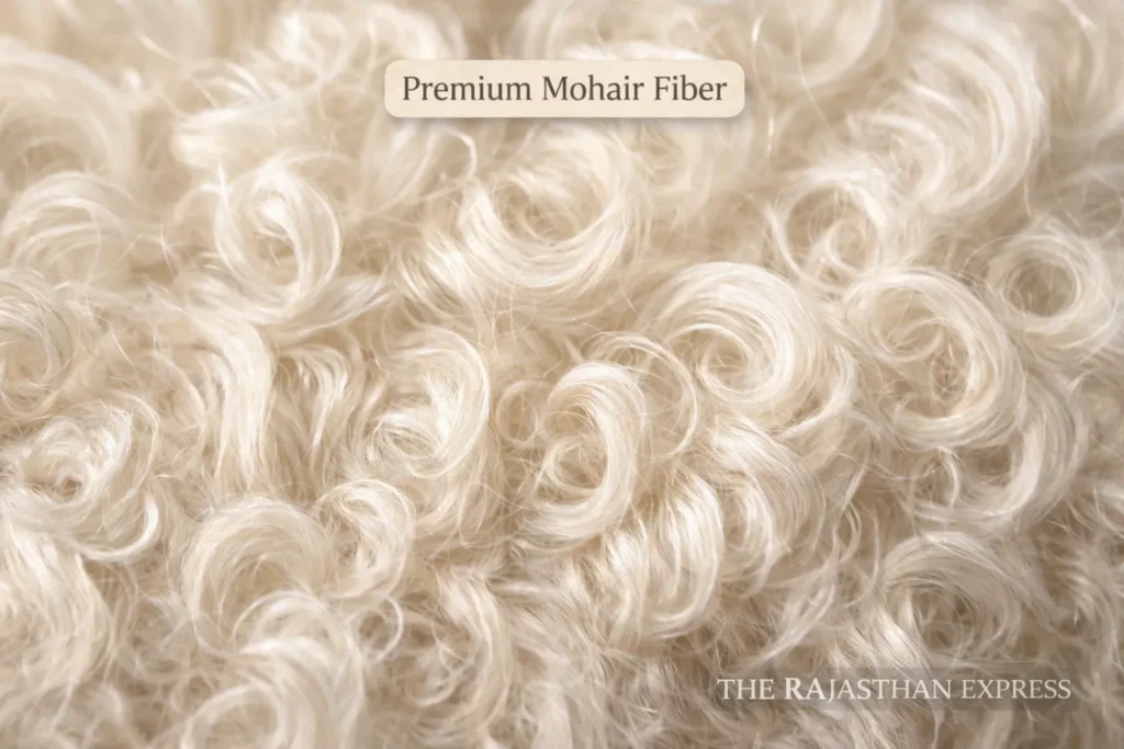 Premium mohair fiber showing exceptional luster, softness, and quality characteristics of Angora goat fleece.