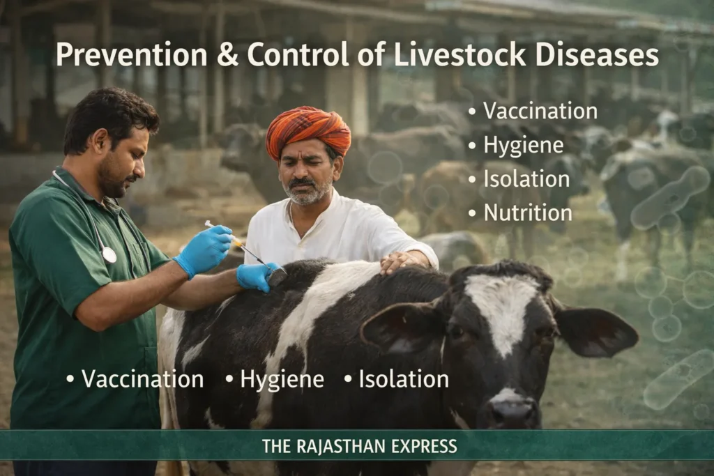 Prevention and control of livestock diseases showing four key strategies: vaccination, hygiene, isolation of sick animals, and proper nutrition.
