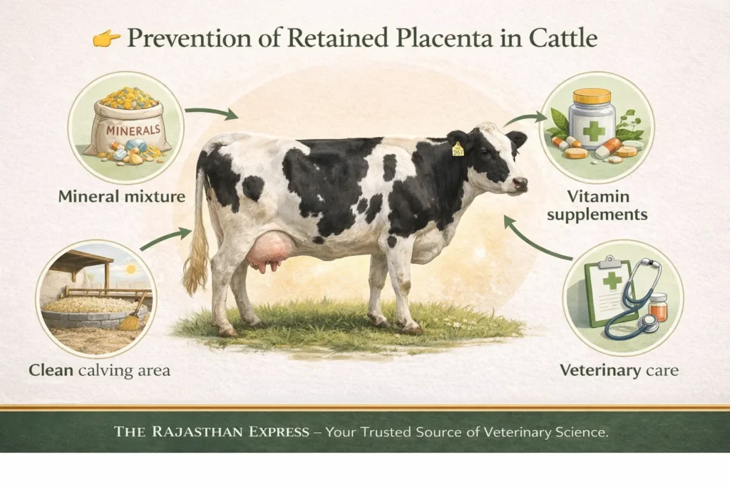 Prevention strategies for retained placenta in cattle highlighting mineral mixture, vitamin supplements, and veterinary care as key components of ROP prevention.