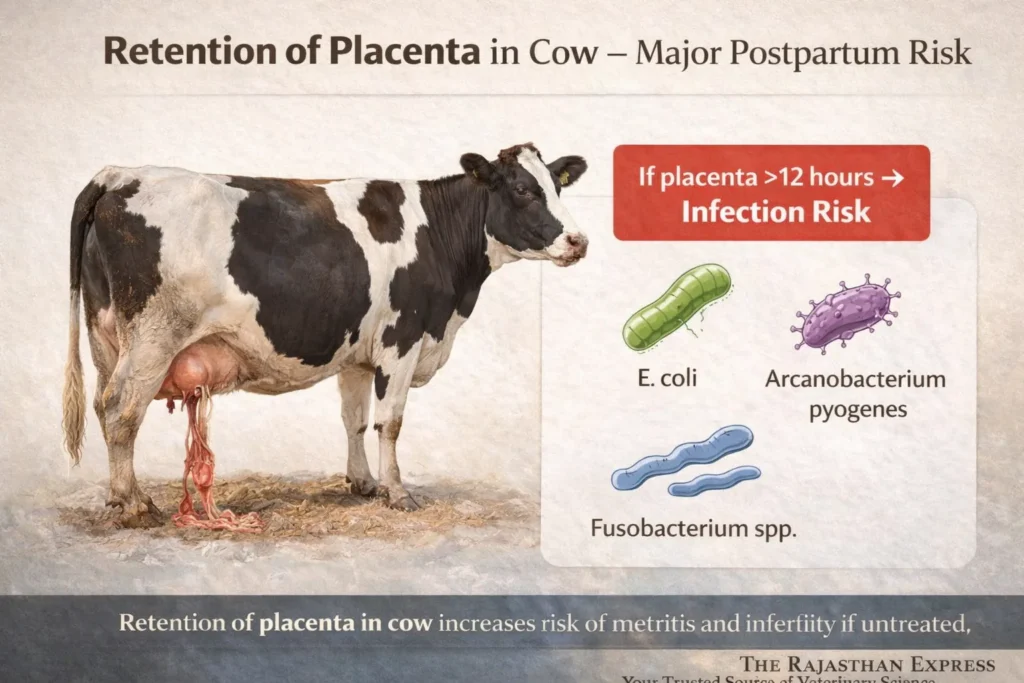 Retention of placenta in cow showing timeline: if placenta retained beyond 12 hours, infection risk increases from E. coli, Arcanobacterium pyogenes, and Fusobacterium spp. leading to metritis and infertility.