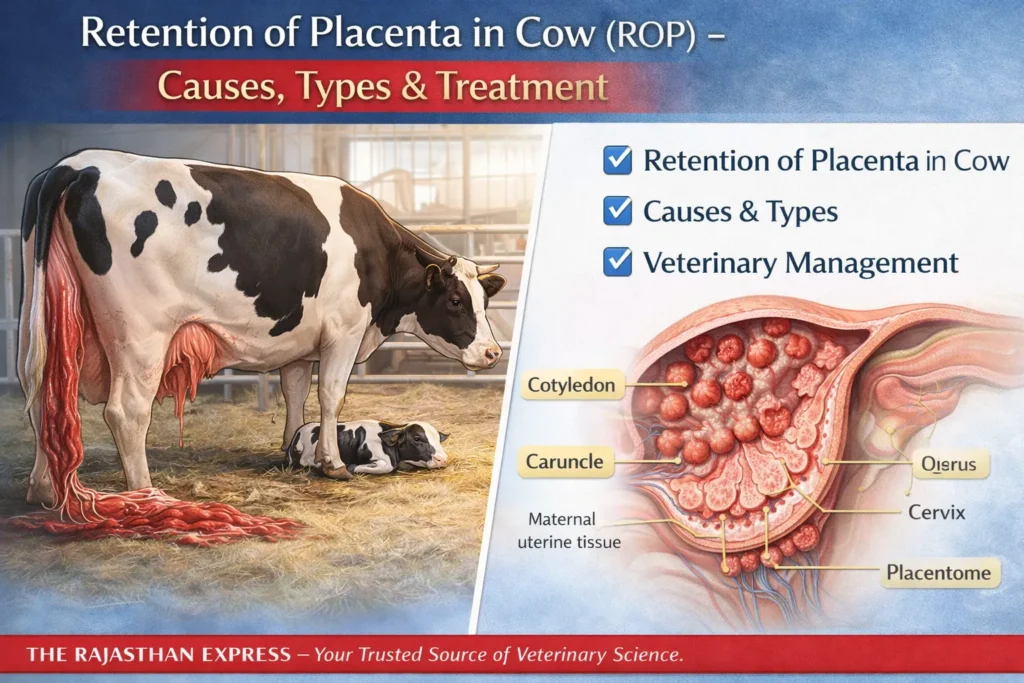 Retention of placenta in cow diagram showing anatomical structures: cotyledon, caruncle, maternal uterine tissue, uterus, cervix, and placentome with veterinary management guidelines.