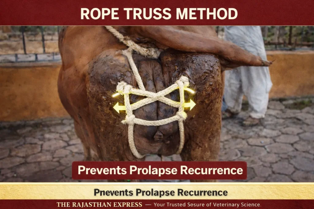 Rope truss method for prolapse prevention in cattle showing application technique to prevent prolapse recurrence after manual repositioning of uterus or vagina.