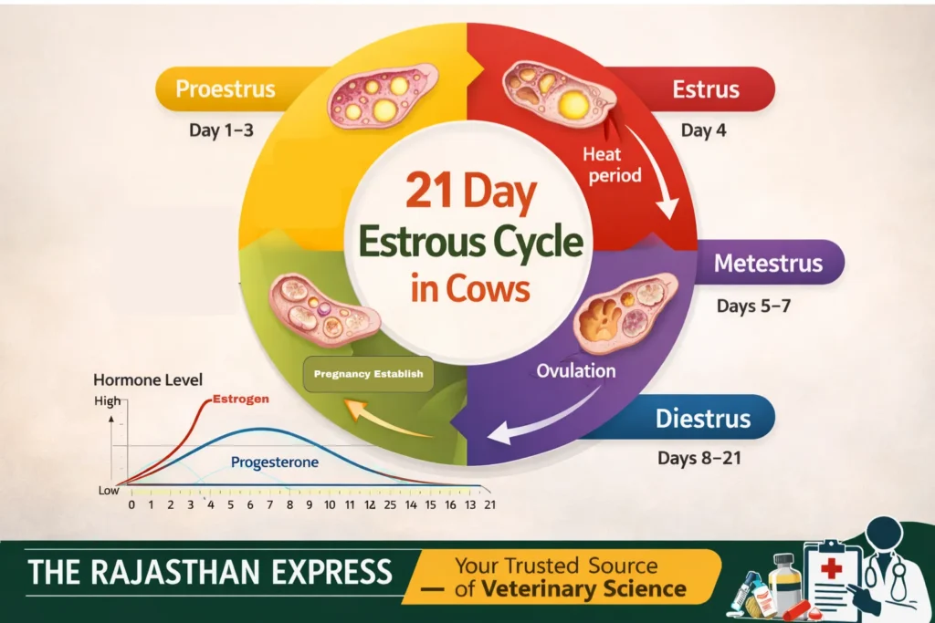 Scientific estrous cycle diagram showing proestrus (day 1-3), estrus with ovulation, metestrus (day 5-7), diestrus (day 8-21) with estrogen peak during estrus and progesterone rise during diestrus.