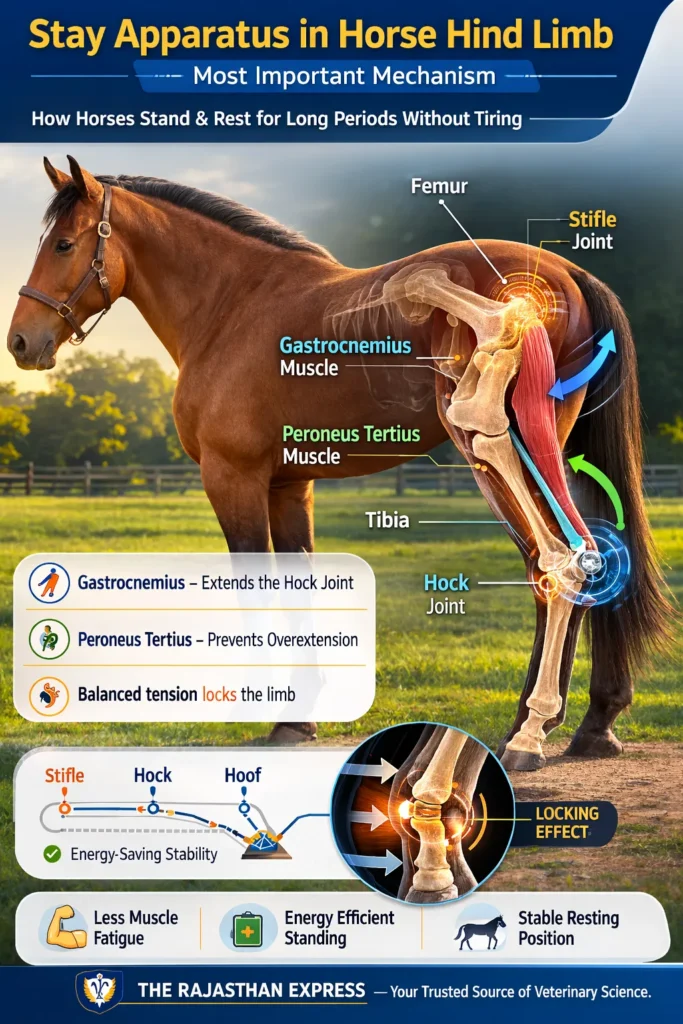 Detailed anatomical diagram of stay apparatus in horse hind limb showing femur, stifle joint, gastrocnemius muscle, peroneus tertius muscle, tibia, and hock joint with balanced tension creating locking effect for standing without muscle fatigue.