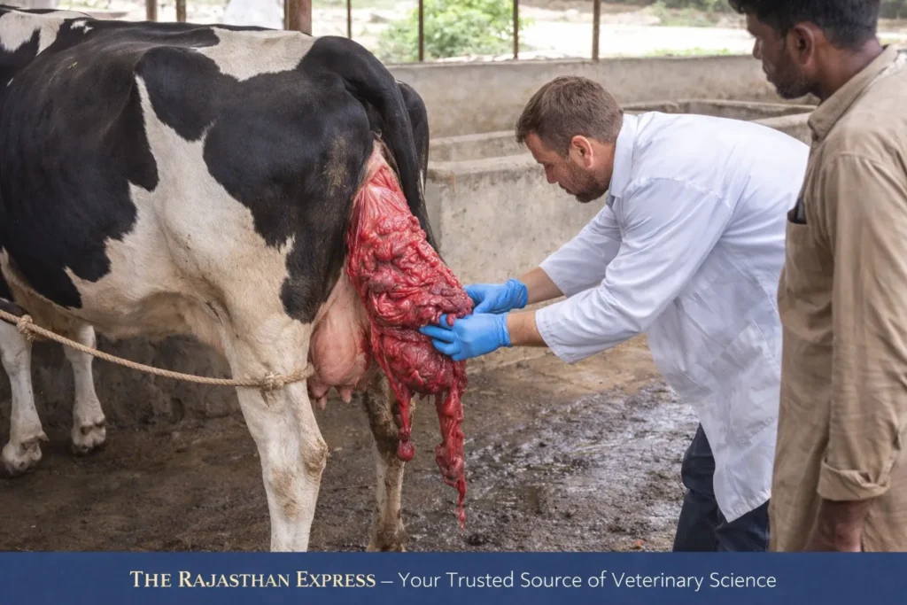 Three types of prolapse in cattle shown: uterine prolapse with prolapsed uterus after calving, vaginal prolapse in pregnant cow, and rectal prolapse with rectal tissue protruding.
