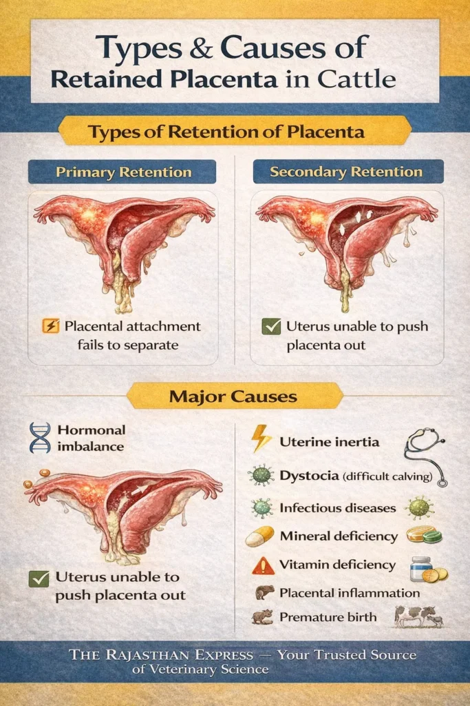Infographic showing types and causes of retained placenta in cattle including primary retention, hormonal imbalance, uterine inertia, dystocia, infectious diseases, mineral deficiency, vitamin deficiency, and placental inflammation.