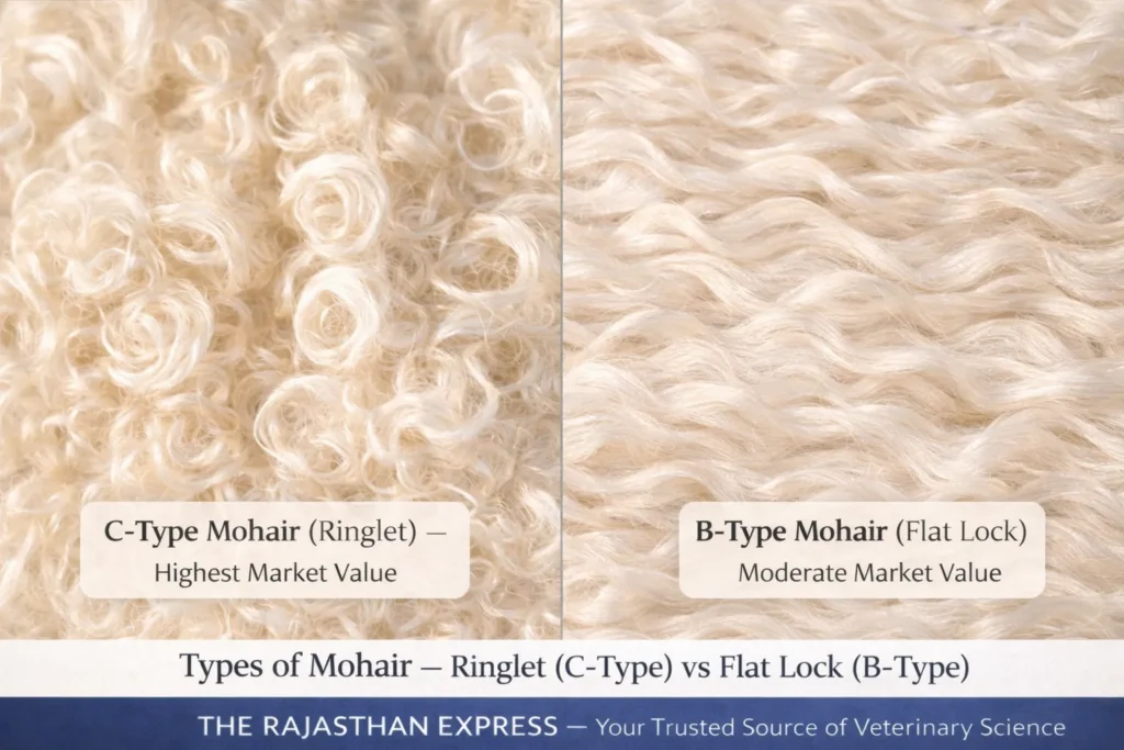 Comparison of mohair types showing C-Type Ringlet with highest market value and B-Type Flat Lock with moderate market value from Angora goats.