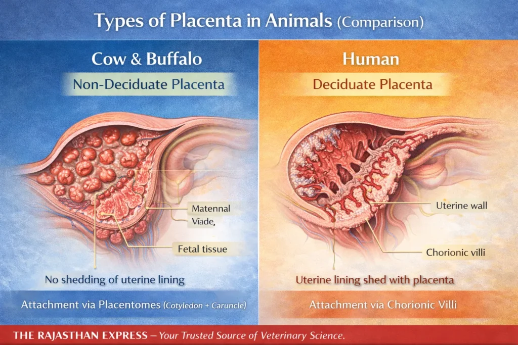 Comparison of types of placenta showing cow and buffalo with non-deciduate placenta attached via placentomes (cotyledon + caruncle, no uterine lining shedding) versus human with deciduate placenta attached via chorionic villi where uterine lining sheds with placenta.