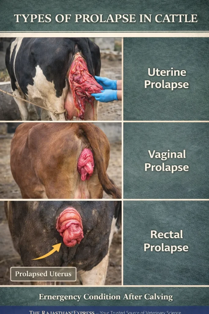 Three types of prolapse in cattle shown: uterine prolapse with prolapsed uterus after calving, vaginal prolapse in pregnant cow, and rectal prolapse with rectal tissue protruding.