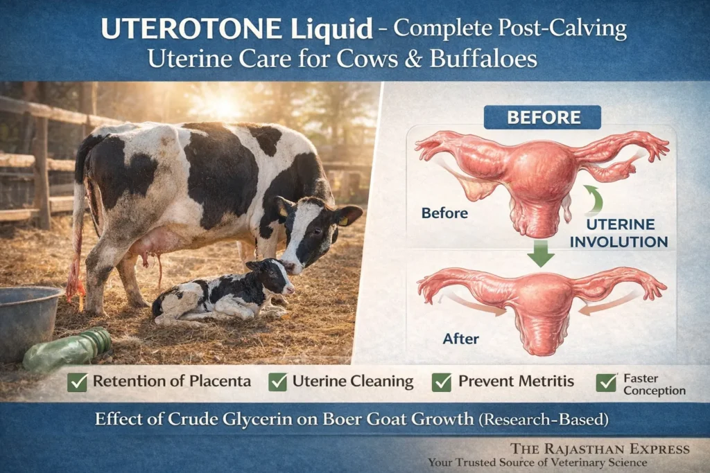 UTEROTONE liquid product showing before and after comparison of uterine involution in cows and buffaloes with benefits: treats retained placenta, uterine cleaning, prevents metritis, and faster conception.