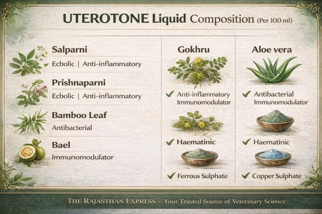 Complete composition of UTEROTONE liquid showing herbal ingredients: Salparni, Prishnaparani (ecbolic/anti-inflammatory), Bamboo Leaf (antibacterial), Bael (immunomodulator), Gokhru, Aloe vera, and haematinic minerals (ferrous sulphate, copper sulphate).