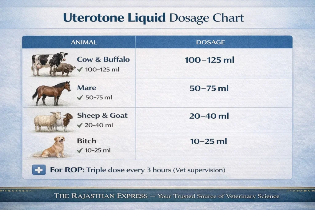 UTEROTONE liquid dosage chart showing animal-wise dosing: cow and buffalo 100-125 ml, mare 50-75 ml, sheep and goat 20-40 ml, bitch 10-25 ml with special ROP protocol of triple dose every 3 hours under veterinary supervision.