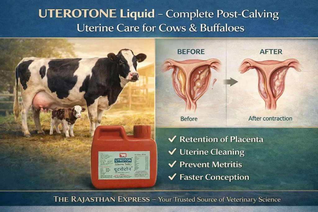 UTEROTONE liquid product for uterine cleaning after calving showing before and after uterine involution in cows and buffaloes with key benefits: retention of placenta treatment, uterine cleaning, metritis prevention, and faster conception.