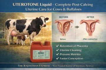 UTEROTONE liquid product for uterine cleaning after calving showing before and after uterine involution in cows and buffaloes with key benefits: retention of placenta treatment, uterine cleaning, metritis prevention, and faster conception.