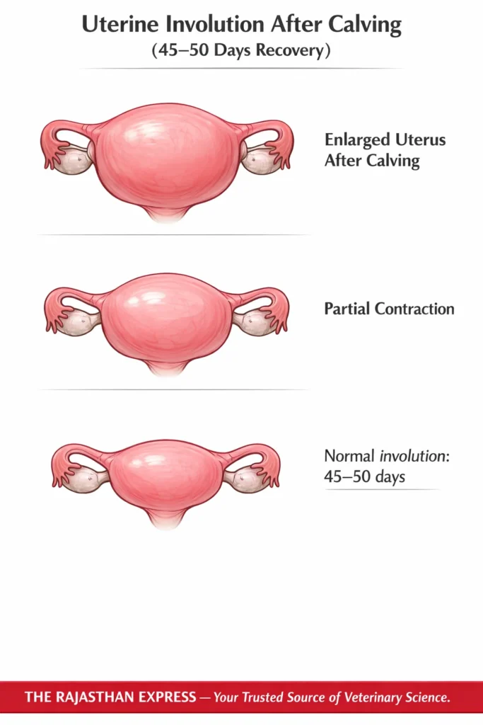 Diagram showing uterine involution after calving with 45-50 days recovery timeline: enlarged uterus post-calving progresses through partial contraction to complete normal involution.