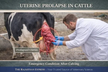 Uterine prolapse in cattle after calving showing prolapsed uterus hanging from vulva – a critical veterinary emergency requiring immediate treatment.