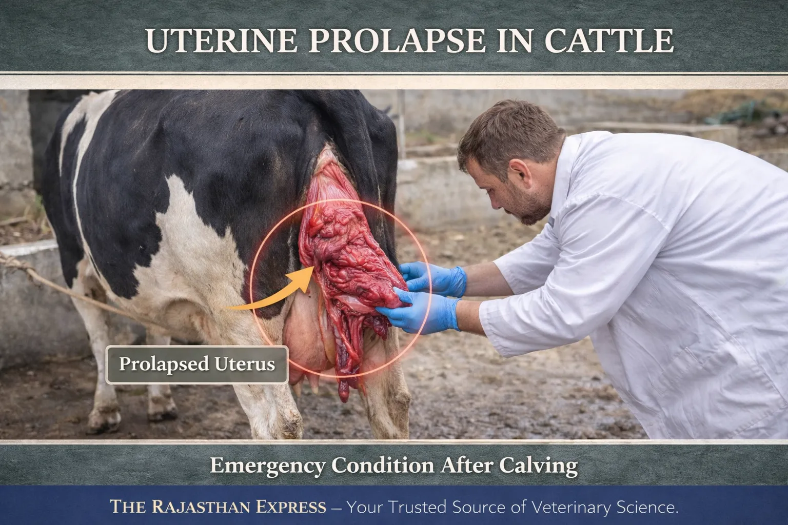 Uterine prolapse in cattle after calving showing prolapsed uterus hanging from vulva – a critical veterinary emergency requiring immediate treatment.
