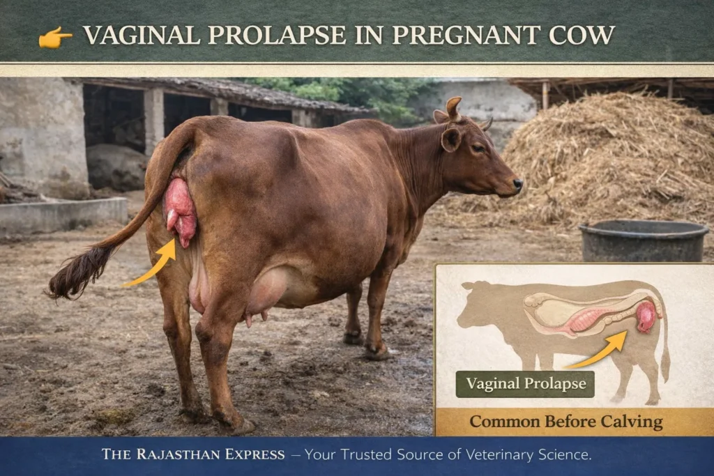 Vaginal prolapse in pregnant cow showing protruding vaginal tissue before calving, a common condition requiring veterinary attention in late pregnancy.
