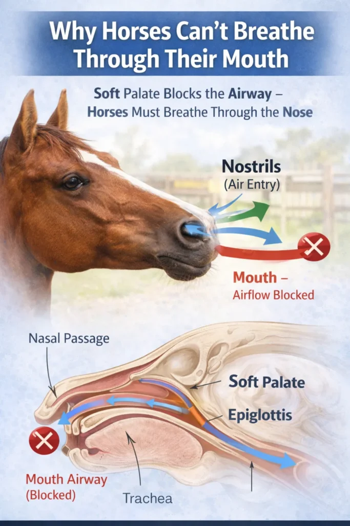In horses, this soft palate is very long and extends to the back of the throat. Because of this, it almost closes the passage from the mouth and keeps the main air route through the nose. In humans and many other animals, the soft palate is not so long. Therefore, air can enter through both the mouth and the nose. But in horses, due to its length, the pathway for air from the mouth remains almost closed. For this reason, the horse is called an obligate nasal breather. Above the soft palate there is a structure called the epiglottis. The epiglottis is a triangular structure made of cartilage and is an important part of the larynx.