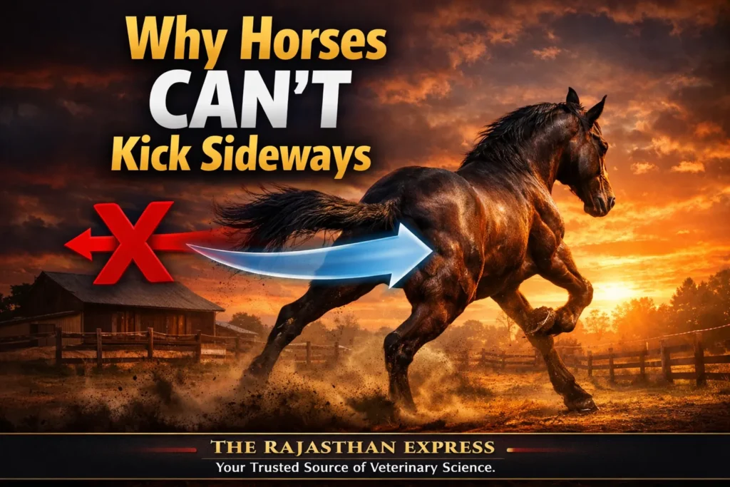 Warning graphic showing why horses can't kick sideways with X mark over side kick and anatomical explanation of hip joint locking mechanism.