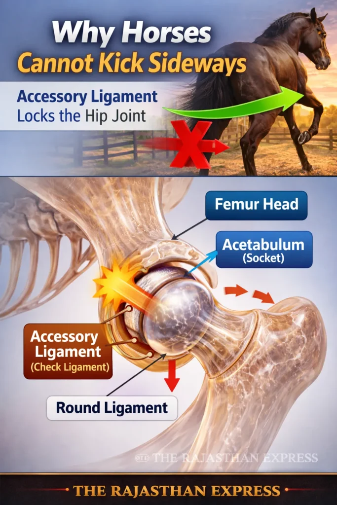 Detailed diagram showing why horses cannot kick sideways with accessory ligament locking femur head in acetabulum socket and round ligament stabilizing the joint.