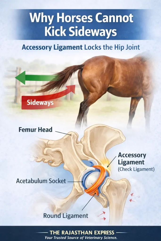 Anatomical diagram showing why horses cannot kick sideways: accessory ligament locks the hip joint by securing femur head in acetabulum socket, preventing lateral movement.
