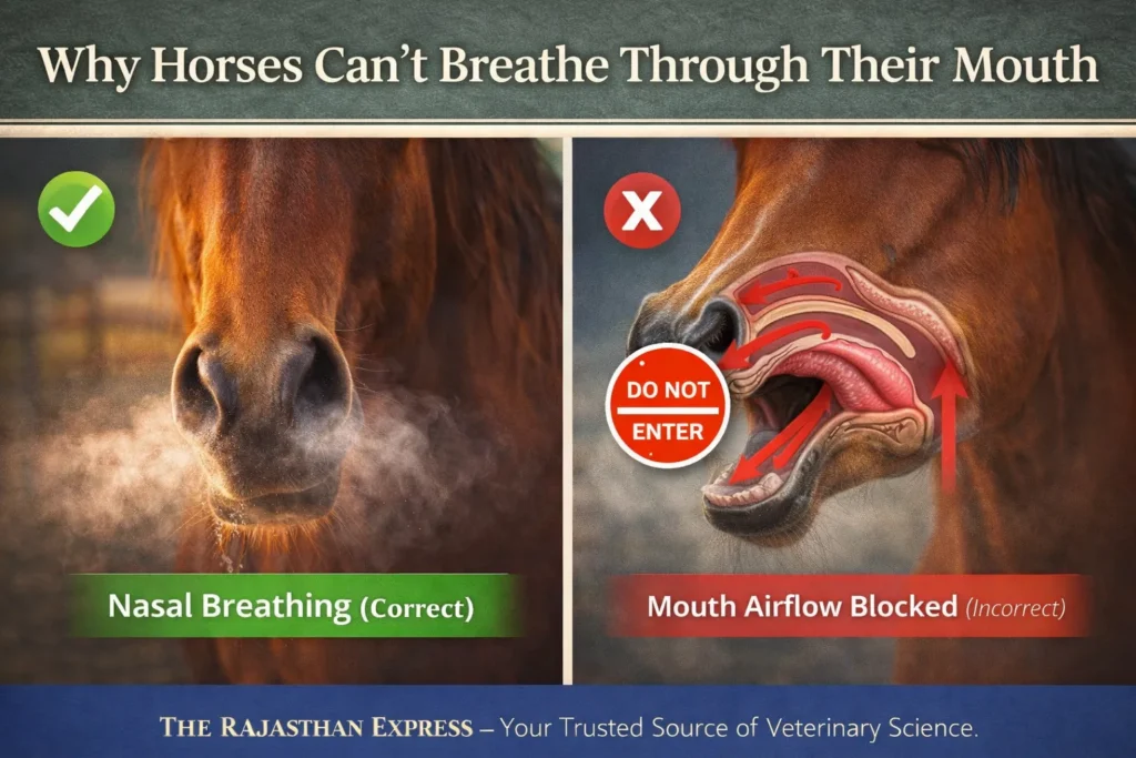Comparison of nose vs mouth breathing in horses showing nasal breathing as correct pathway and mouth airflow as blocked/incorrect due to anatomical structures.