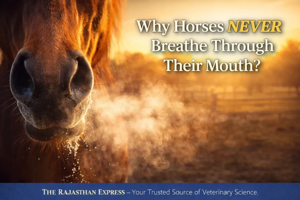 Educational graphic explaining why horses never breathe through their mouth due to soft palate sealing off mouth airway and epiglottis position.