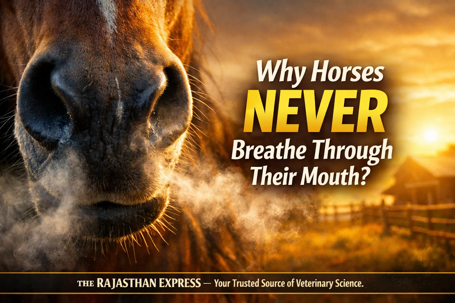 Infographic showing why horses never breathe through their mouth with anatomical illustration of equine respiratory system and obligatory nasal breathing mechanism.