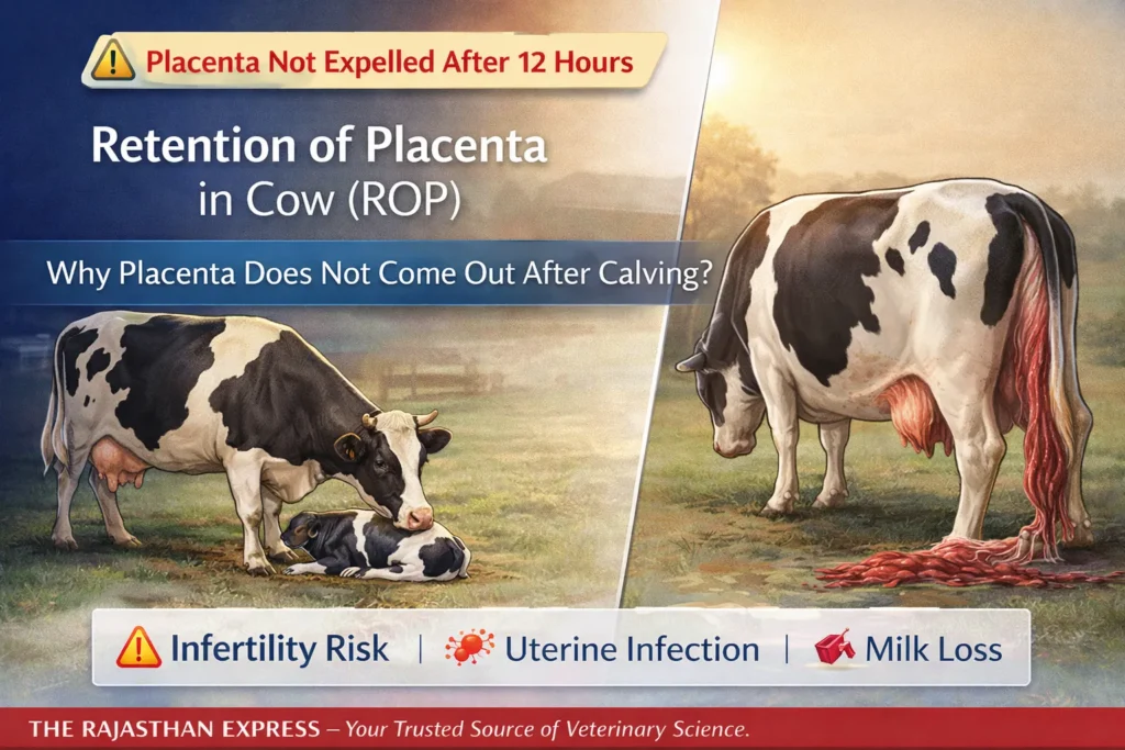 Retention of placenta in cow showing placenta not expelled after 12 hours post-calving with warning icons for infertility risk, uterine infection, and milk loss.