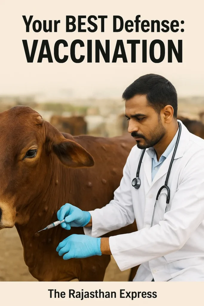 Vaccination as the best defense against lumpy skin disease showing vaccine vial and protection shield for cattle herds.