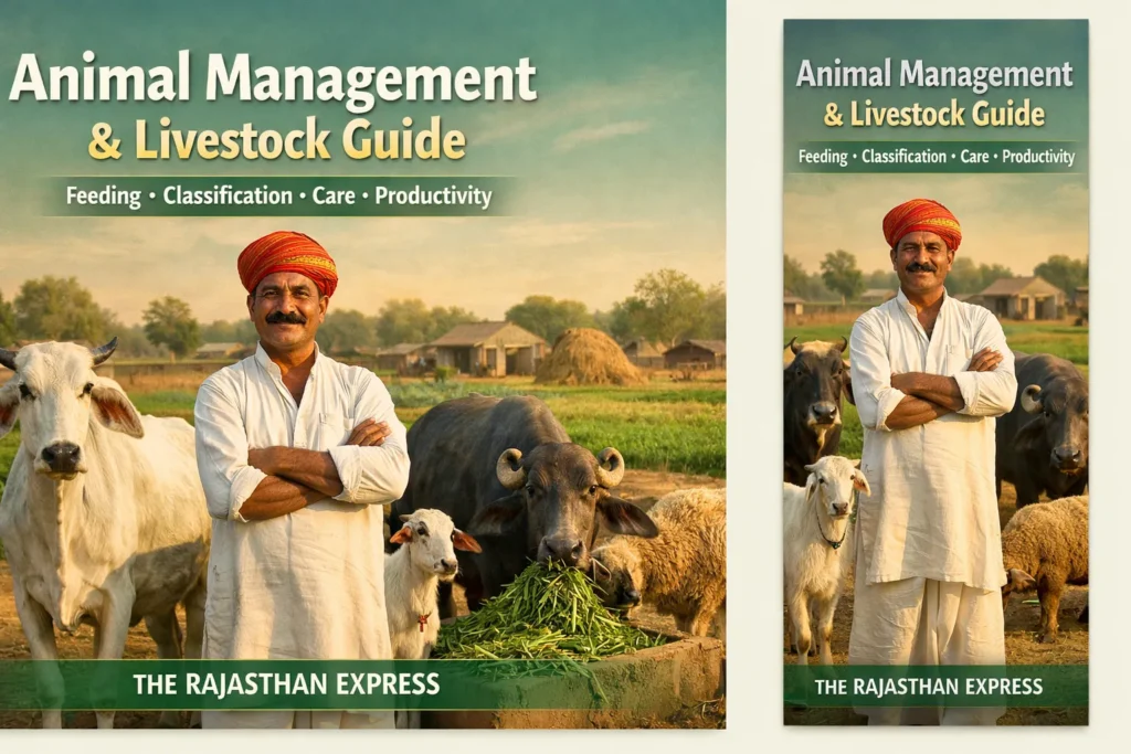 Animal management and livestock guide covering feeding, classification, animal care, and productivity for cattle, goat, sheep, pig, and horse.